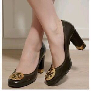 Tory Burch Brown Patent Leather Gold Logo Heel Pumps‎ Shoes Women's Size 8M